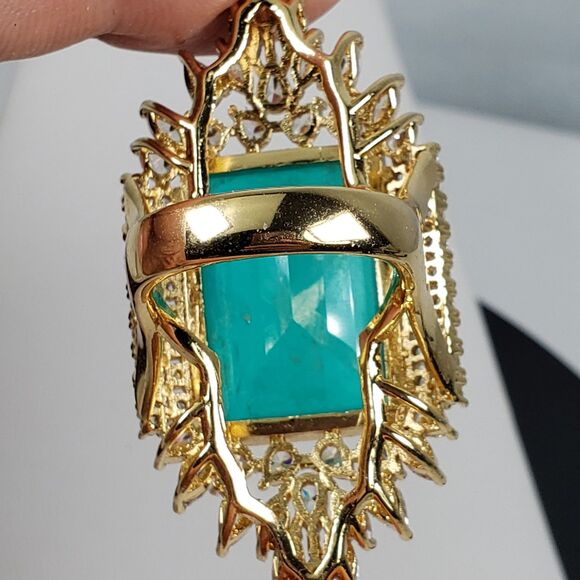 Signed Princess Doublet Natural Emerald with CZ 18KGL Size 9 Cocktail Ring - Picture 13 of 16